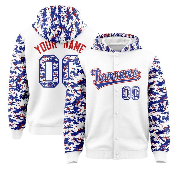 Custom White Royal-Red Raglan Sleeves Varsity Full-Snap Letterman Camo Jacket Hoodie | BuyFootballJersey