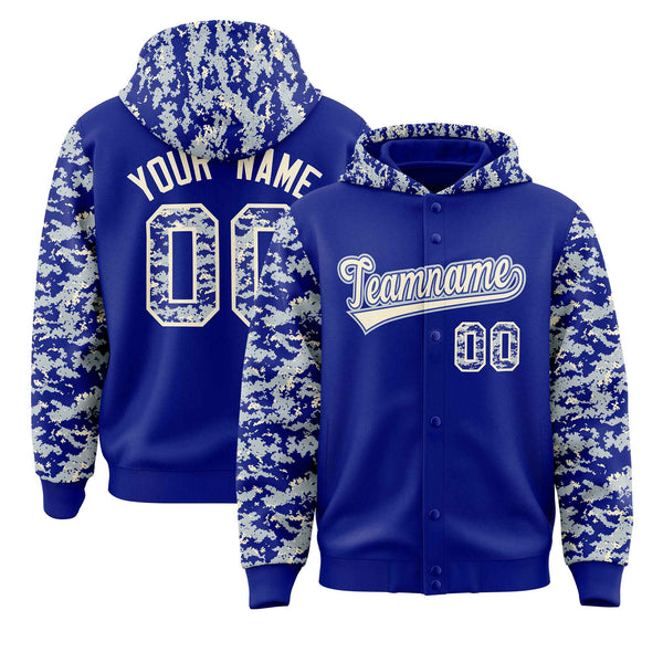 Custom Royal Silver-Cream Raglan Sleeves Varsity Full-Snap Letterman Camo Jacket Hoodie | BuyFootballJersey