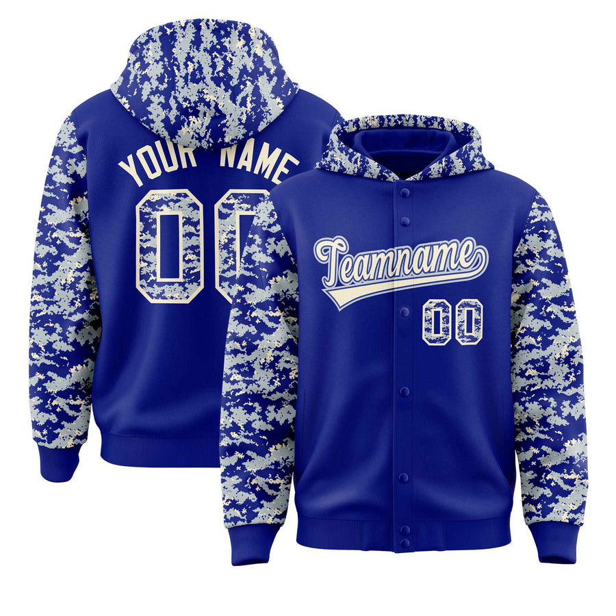 Custom Royal Silver-Cream Raglan Sleeves Varsity Full-Snap Letterman Camo Jacket Hoodie | BuyFootballJersey