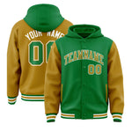 Custom Kelly Green Old Gold Raglan Sleeves Varsity Full-Snap Letterman Two Tone Jacket Hoodie | BuyFootballJersey