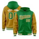 Custom Kelly Green Old Gold Raglan Sleeves Varsity Full-Snap Letterman Two Tone Jacket Hoodie | BuyFootballJersey