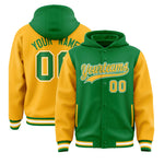 Custom Kelly Green Gold Raglan Sleeves Varsity Full-Snap Letterman Two Tone Jacket Hoodie | BuyFootballJersey