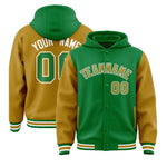 Custom Kelly Green Old Gold Raglan Sleeves Varsity Full-Snap Letterman Two Tone Jacket Hoodie | BuyFootballJersey