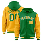 Custom Kelly Green Gold Raglan Sleeves Varsity Full-Snap Letterman Two Tone Jacket Hoodie | BuyFootballJersey