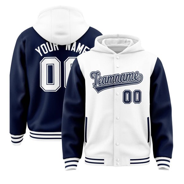 Custom White Navy Raglan Sleeves Varsity Full-Snap Letterman Two Tone Jacket Hoodie | BuyFootballJersey
