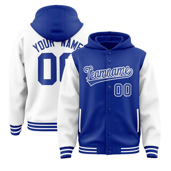 Custom Royal White Raglan Sleeves Varsity Full-Snap Letterman Two Tone Jacket Hoodie | BuyFootballJersey