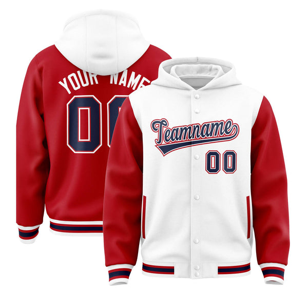 Custom White Red Raglan Sleeves Varsity Full-Snap Letterman Two Tone Jacket Hoodie | BuyFootballJersey