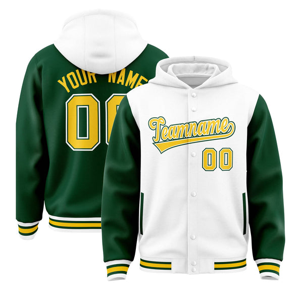 Custom White Green Raglan Sleeves Varsity Full-Snap Letterman Two Tone Jacket Hoodie | BuyFootballJersey