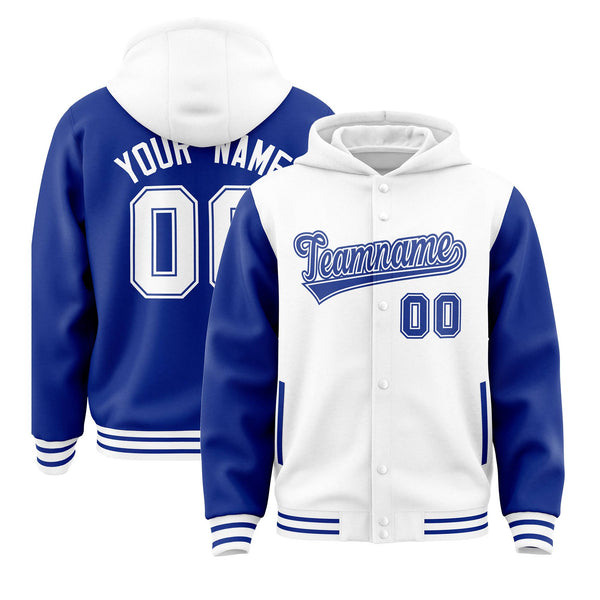 Custom White Royal Raglan Sleeves Varsity Full-Snap Letterman Two Tone Jacket Hoodie | BuyFootballJersey