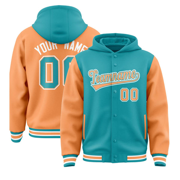 Custom Aqua Orange Raglan Sleeves Varsity Full-Snap Letterman Two Tone Jacket Hoodie | BuyFootballJersey