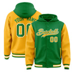 Custom Kelly Green Gold Raglan Sleeves Varsity Full-Snap Letterman Two Tone Jacket Hoodie | BuyFootballJersey