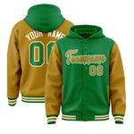 Custom Kelly Green Old Gold Raglan Sleeves Varsity Full-Snap Letterman Two Tone Jacket Hoodie | BuyFootballJersey