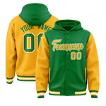 Custom Kelly Green Gold Raglan Sleeves Varsity Full-Snap Letterman Two Tone Jacket Hoodie | BuyFootballJersey