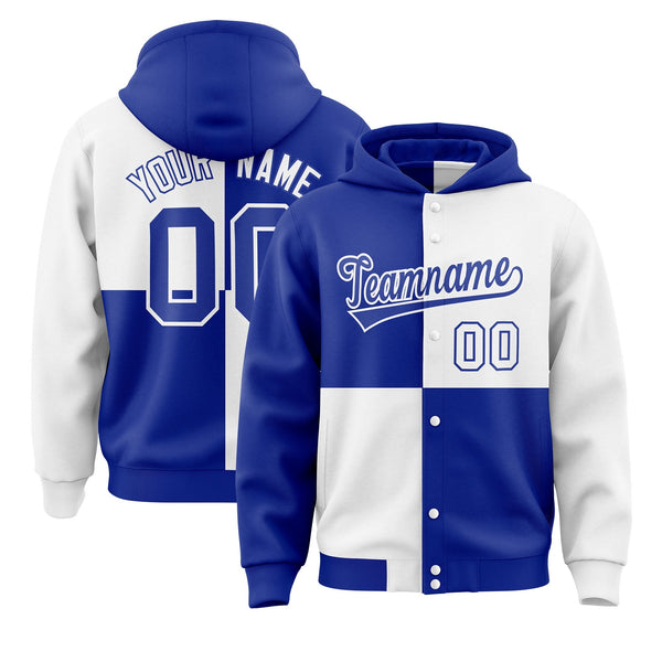 Custom Royal White Varsity Full-Snap Four Squares Color Block Letterman Jacket Hoodie | BuyFootballJersey