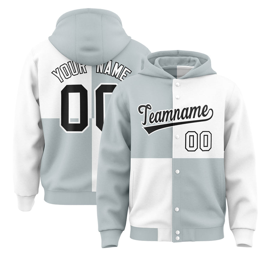 Custom Silver White Varsity Full-Snap Four Squares Color Block Letterman Jacket Hoodie | BuyFootballJersey