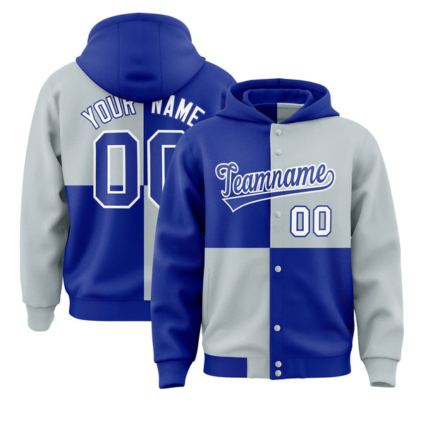 Custom Royal Silver Varsity Full-Snap Four Squares Color Block Letterman Jacket Hoodie | BuyFootballJersey