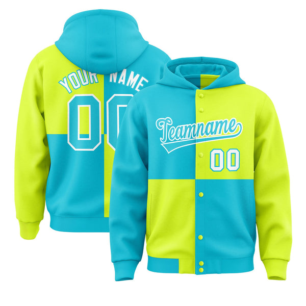 Custom Sky Blue Green Varsity Full-Snap Four Squares Color Block Letterman Jacket Hoodie | BuyFootballJersey