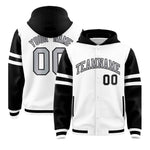 Custom White Black Raglan Sleeves Varsity Full-Snap Letterman Three Stripes Jacket Hoodie | BuyFootballJersey