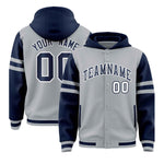 Custom Silver Navy Raglan Sleeves Varsity Full-Snap Letterman Three Stripes Jacket Hoodie | BuyFootballJersey