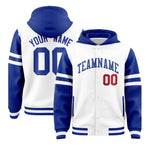 Custom White Royal Raglan Sleeves Varsity Full-Snap Letterman Three Stripes Jacket Hoodie | BuyFootballJersey