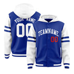 Custom Royal White Raglan Sleeves Varsity Full-Snap Letterman Three Stripes Jacket Hoodie | BuyFootballJersey