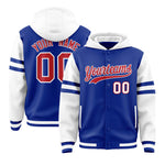 Custom Royal White Raglan Sleeves Varsity Full-Snap Letterman Three Stripes Jacket Hoodie | BuyFootballJersey