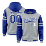 Custom Silver Royal Raglan Sleeves Varsity Full-Snap Letterman Three Stripes Jacket Hoodie | BuyFootballJersey