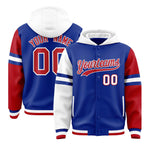 Custom Royal White-Red Raglan Sleeves Varsity Full-Snap Letterman Three Stripes Jacket Hoodie | BuyFootballJersey