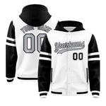 Custom White Black Raglan Sleeves Varsity Full-Snap Letterman Three Stripes Jacket Hoodie | BuyFootballJersey