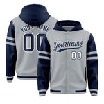 Custom Silver Navy Raglan Sleeves Varsity Full-Snap Letterman Three Stripes Jacket Hoodie | BuyFootballJersey