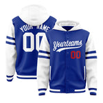 Custom Royal White Raglan Sleeves Varsity Full-Snap Letterman Three Stripes Jacket Hoodie | BuyFootballJersey