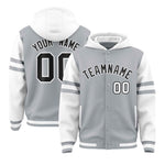 Custom Silver White Raglan Sleeves Varsity Full-Snap Letterman Three Stripes Jacket Hoodie | BuyFootballJersey