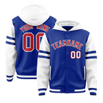 Custom Royal White Raglan Sleeves Varsity Full-Snap Letterman Three Stripes Jacket Hoodie | BuyFootballJersey