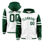 Custom White Green Raglan Sleeves Varsity Full-Snap Letterman Three Stripes Jacket Hoodie | BuyFootballJersey