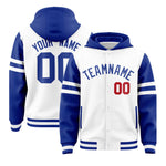 Custom White Royal Raglan Sleeves Varsity Full-Snap Letterman Three Stripes Jacket Hoodie | BuyFootballJersey