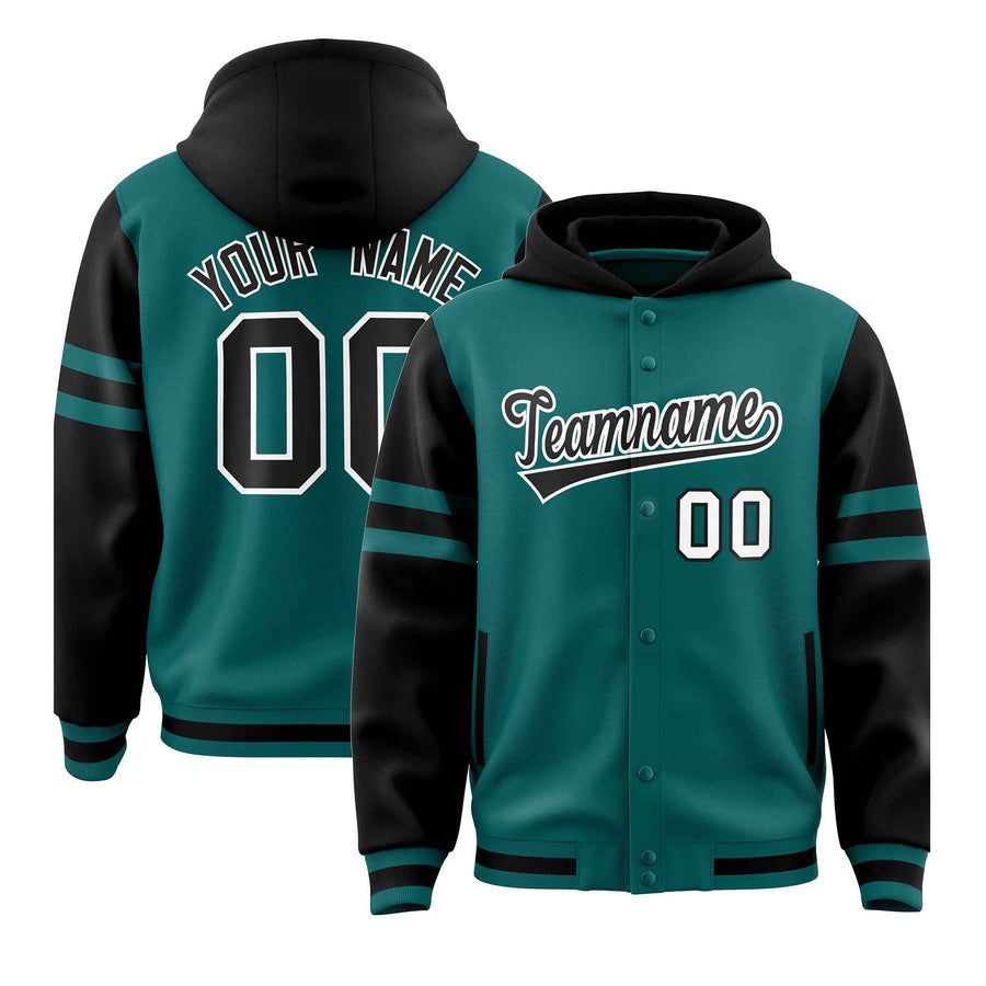Custom Aqua Black Raglan Sleeves Varsity Full-Snap Letterman Three Stripes Jacket Hoodie | BuyFootballJersey