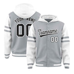 Custom Silver White Raglan Sleeves Varsity Full-Snap Letterman Three Stripes Jacket Hoodie | BuyFootballJersey