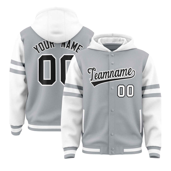 Custom Silver White Raglan Sleeves Varsity Full-Snap Letterman Three Stripes Jacket Hoodie | BuyFootballJersey