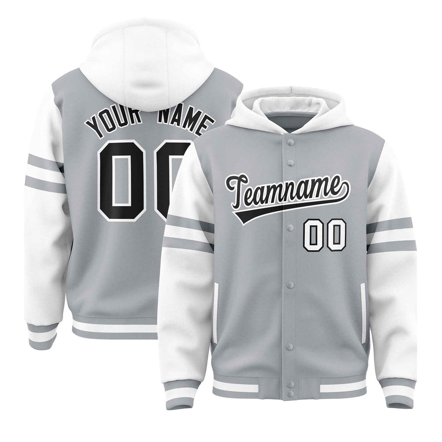 Custom Silver White Raglan Sleeves Varsity Full-Snap Letterman Three Stripes Jacket Hoodie | BuyFootballJersey