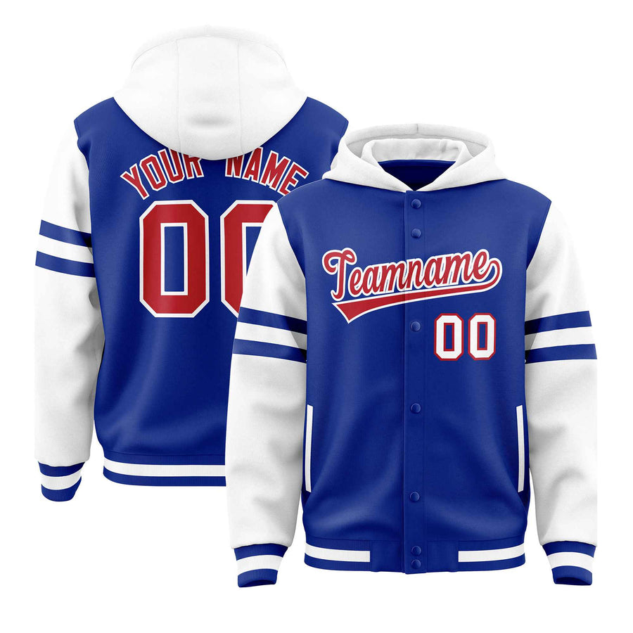 Custom Royal White Raglan Sleeves Varsity Full-Snap Letterman Three Stripes Jacket Hoodie | BuyFootballJersey