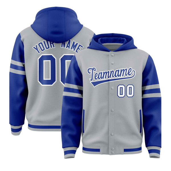 Custom Silver Royal Raglan Sleeves Varsity Full-Snap Letterman Three Stripes Jacket Hoodie | BuyFootballJersey