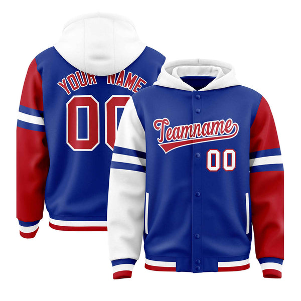 Custom Royal White-Red Raglan Sleeves Varsity Full-Snap Letterman Three Stripes Jacket Hoodie | BuyFootballJersey