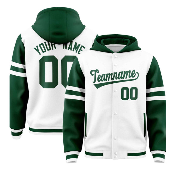 Custom White Green Raglan Sleeves Varsity Full-Snap Letterman Three Stripes Jacket Hoodie | BuyFootballJersey