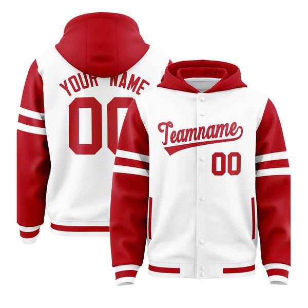 Custom White Red Raglan Sleeves Varsity Full-Snap Letterman Three Stripes Jacket Hoodie | BuyFootballJersey