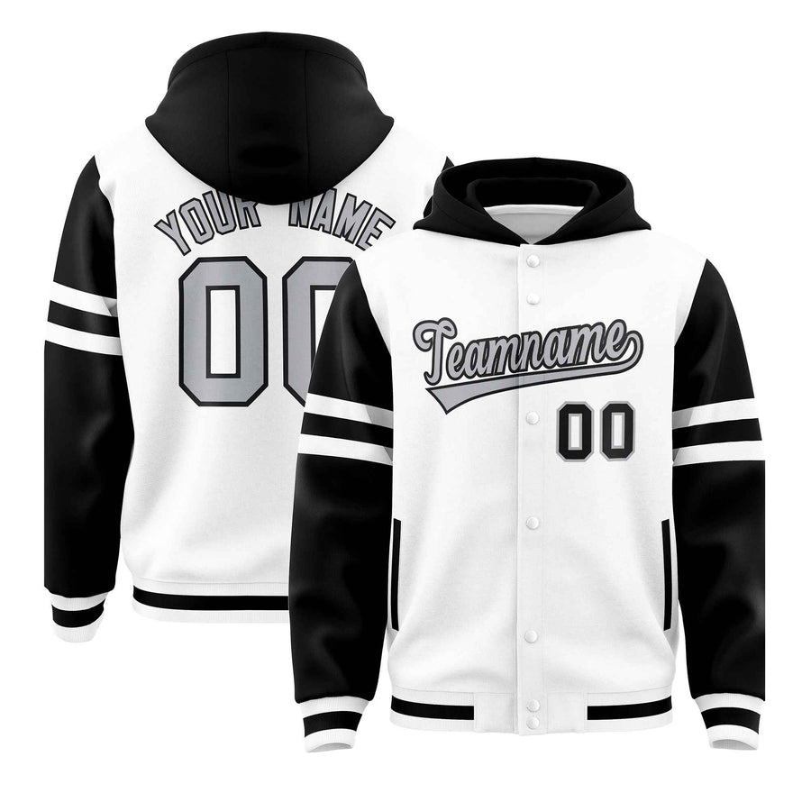 Custom White Black Raglan Sleeves Varsity Full-Snap Letterman Three Stripes Jacket Hoodie | BuyFootballJersey