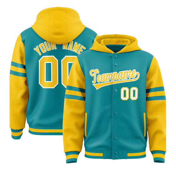 Custom Aqua Gold Raglan Sleeves Varsity Full-Snap Letterman Three Stripes Jacket Hoodie | BuyFootballJersey
