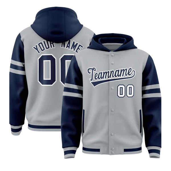 Custom Silver Navy Raglan Sleeves Varsity Full-Snap Letterman Three Stripes Jacket Hoodie | BuyFootballJersey