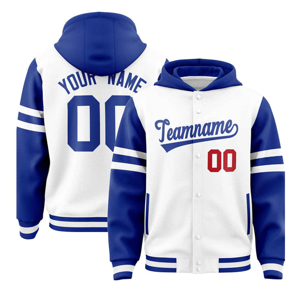 Custom White Royal Raglan Sleeves Varsity Full-Snap Letterman Three Stripes Jacket Hoodie | BuyFootballJersey