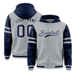 Custom Silver Navy Raglan Sleeves Varsity Full-Snap Letterman Three Stripes Jacket Hoodie | BuyFootballJersey