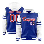 Custom Royal White Raglan Sleeves Varsity Full-Snap Letterman Three Stripes Jacket Hoodie | BuyFootballJersey
